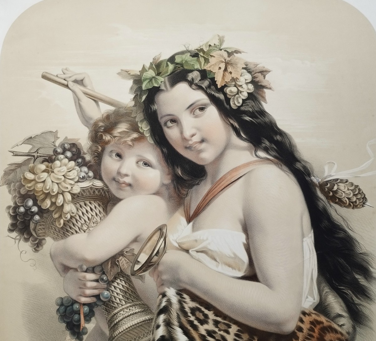 Large Hand-colored Lithograph, An Allegory Of Autumn By Julien After Brochart 19th C Old Print-photo-1