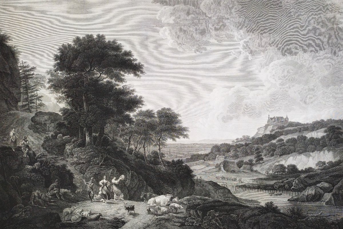 Landscape Antique Etching 18th C Engraving After Nicolas Berchem Bentheim Castle Old Print-photo-4