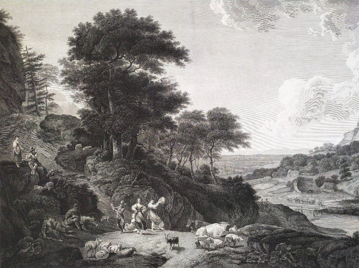 Landscape Antique Etching 18th C Engraving After Nicolas Berchem Bentheim Castle Old Print-photo-2