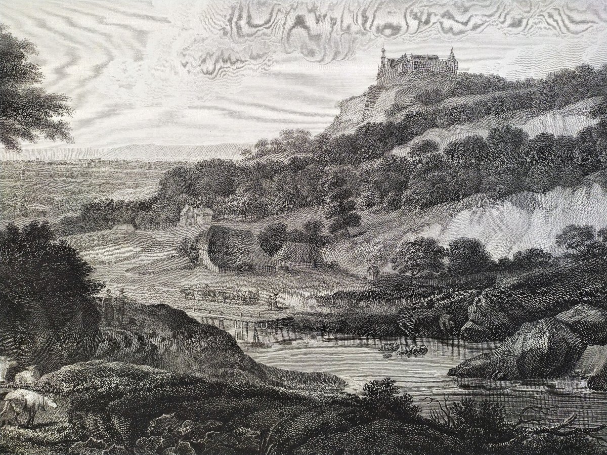 Landscape Antique Etching 18th C Engraving After Nicolas Berchem Bentheim Castle Old Print-photo-3
