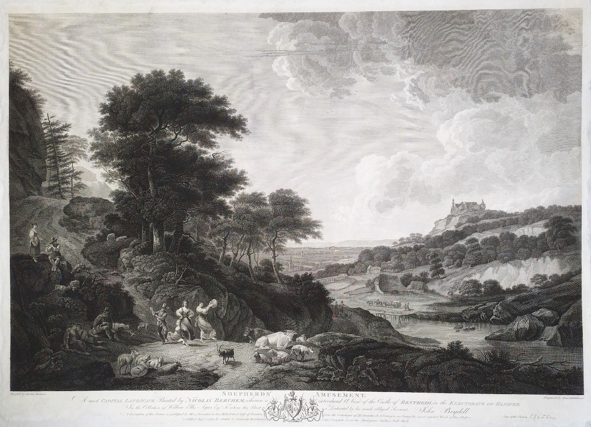 Landscape Antique Etching 18th C Engraving After Nicolas Berchem Bentheim Castle Old Print