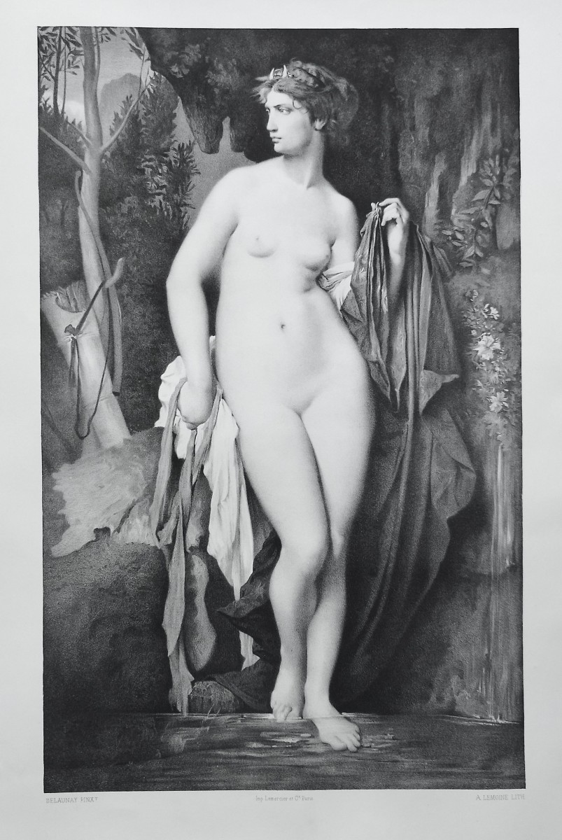 Diane au bain lithographie XIXe par A. Lemoine d'après Delaunay