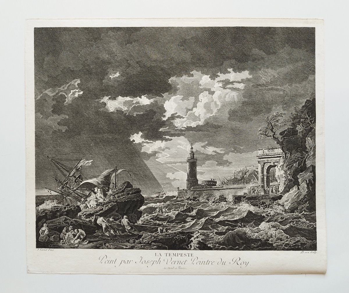 Antique Etching Seascape Storm Tempest After Vernet  Engraving 18th C Old Print-photo-2