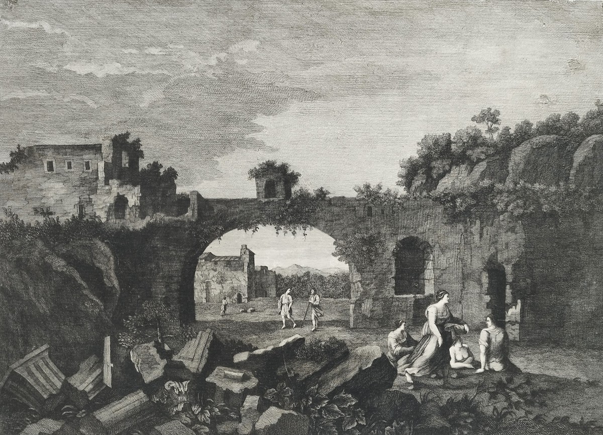 La grande arcade en ruine gravure XVIIIème d'après Cornelis van Poelenburgh