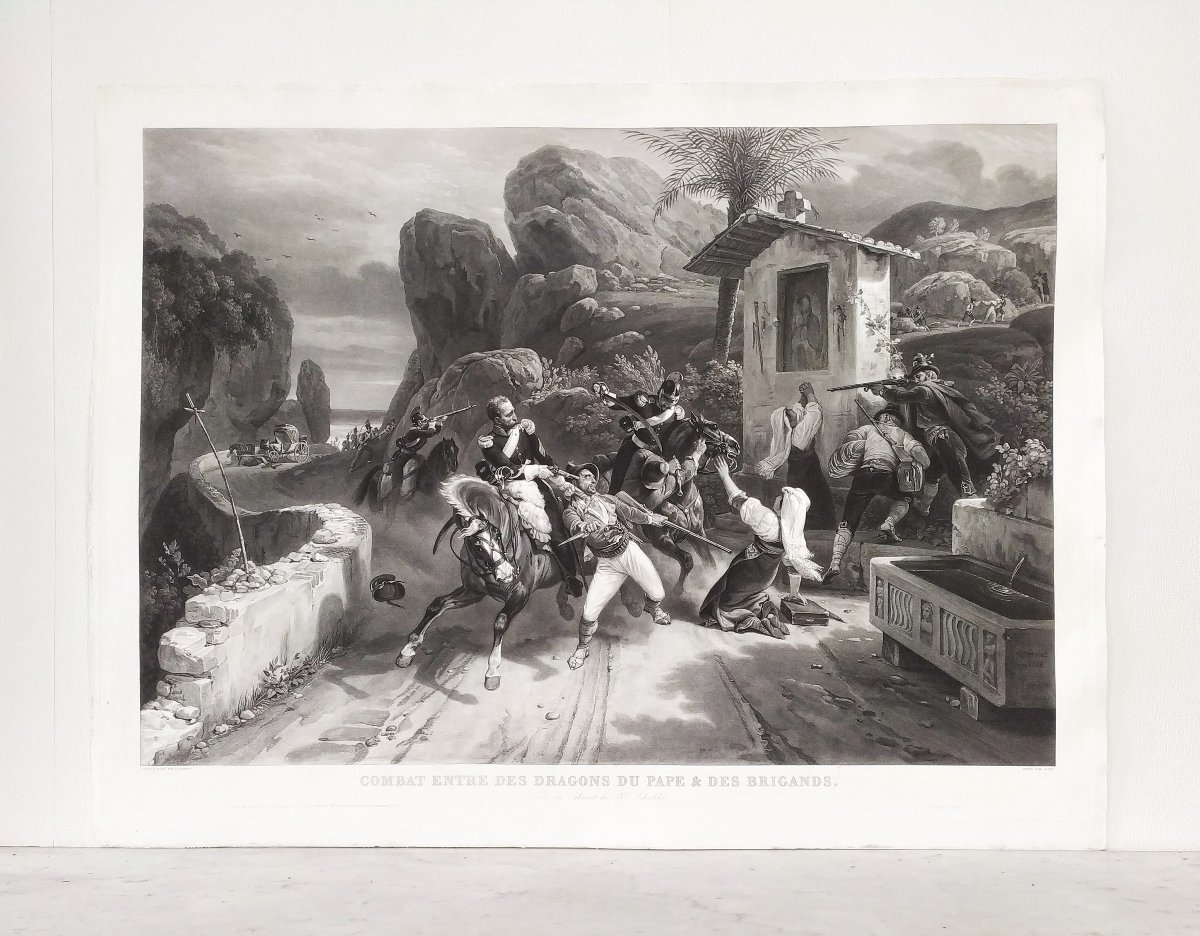 Gravure ancienne Combat entre des dragons du Pape et des brigands d'après Horace Vernet 19ème -photo-2