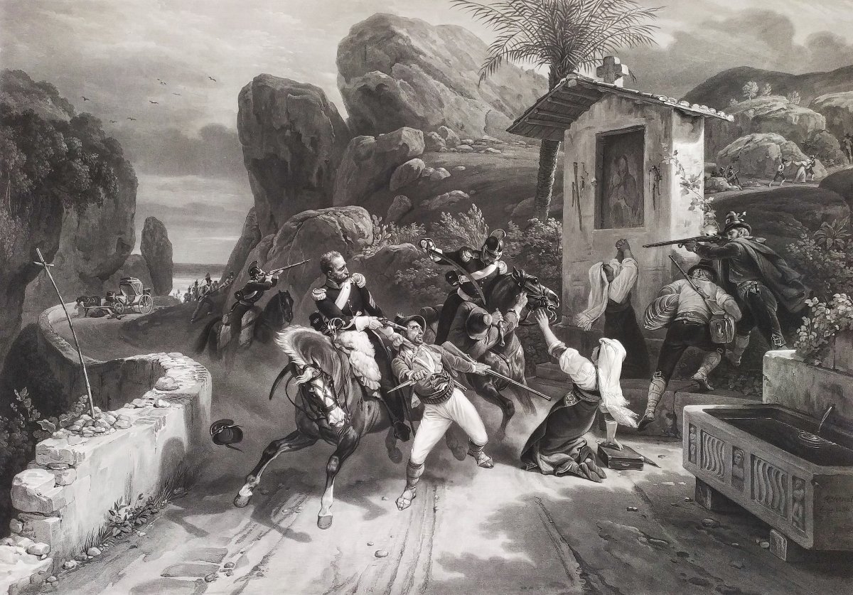 Gravure ancienne Combat entre des dragons du Pape et des brigands d'après Horace Vernet 19ème -photo-4