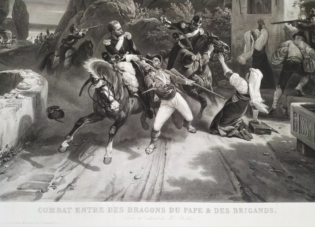 Gravure ancienne Combat entre des dragons du Pape et des brigands d'après Horace Vernet 19ème -photo-1