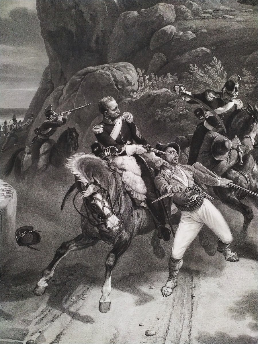 Gravure ancienne Combat entre des dragons du Pape et des brigands d'après Horace Vernet 19ème -photo-2