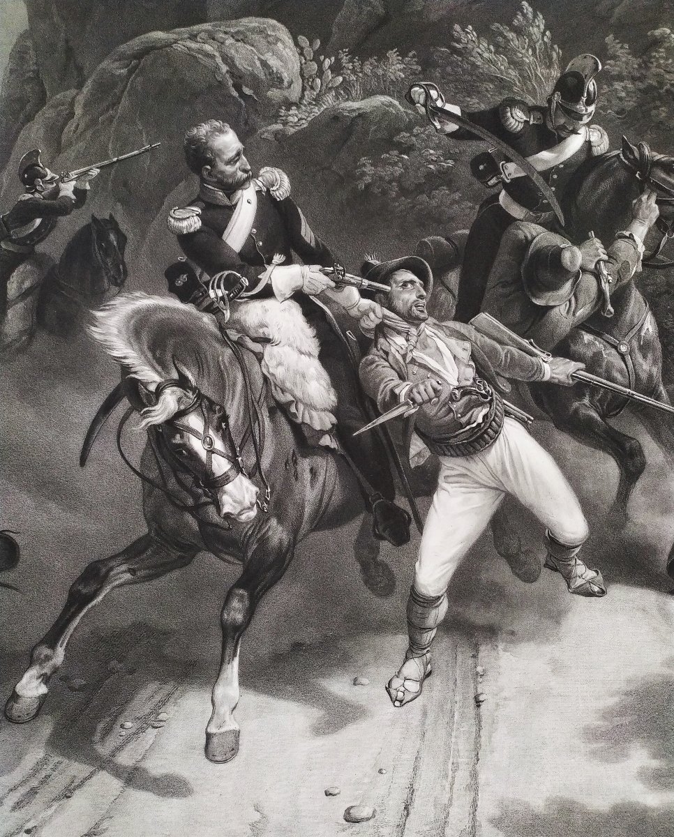 Gravure ancienne Combat entre des dragons du Pape et des brigands d'après Horace Vernet 19ème -photo-3