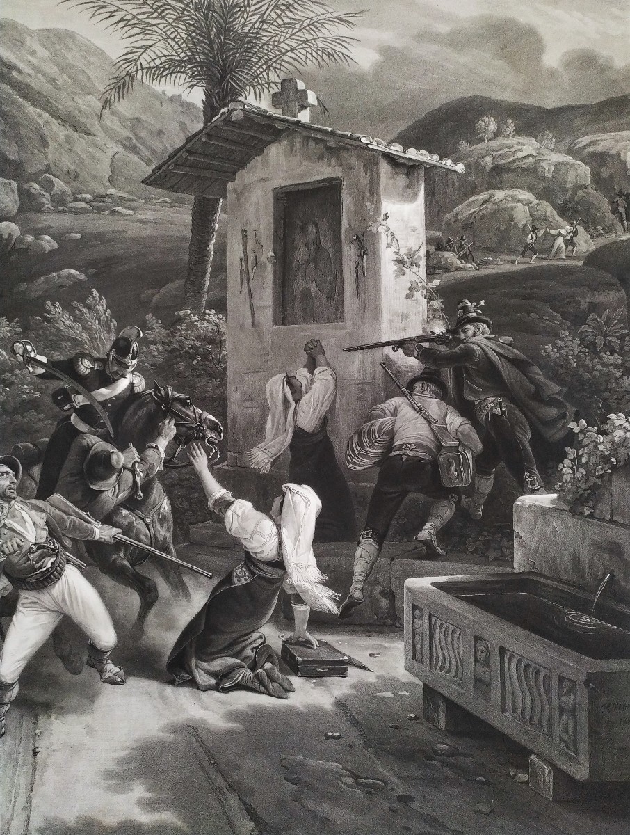 Gravure ancienne Combat entre des dragons du Pape et des brigands d'après Horace Vernet 19ème -photo-5