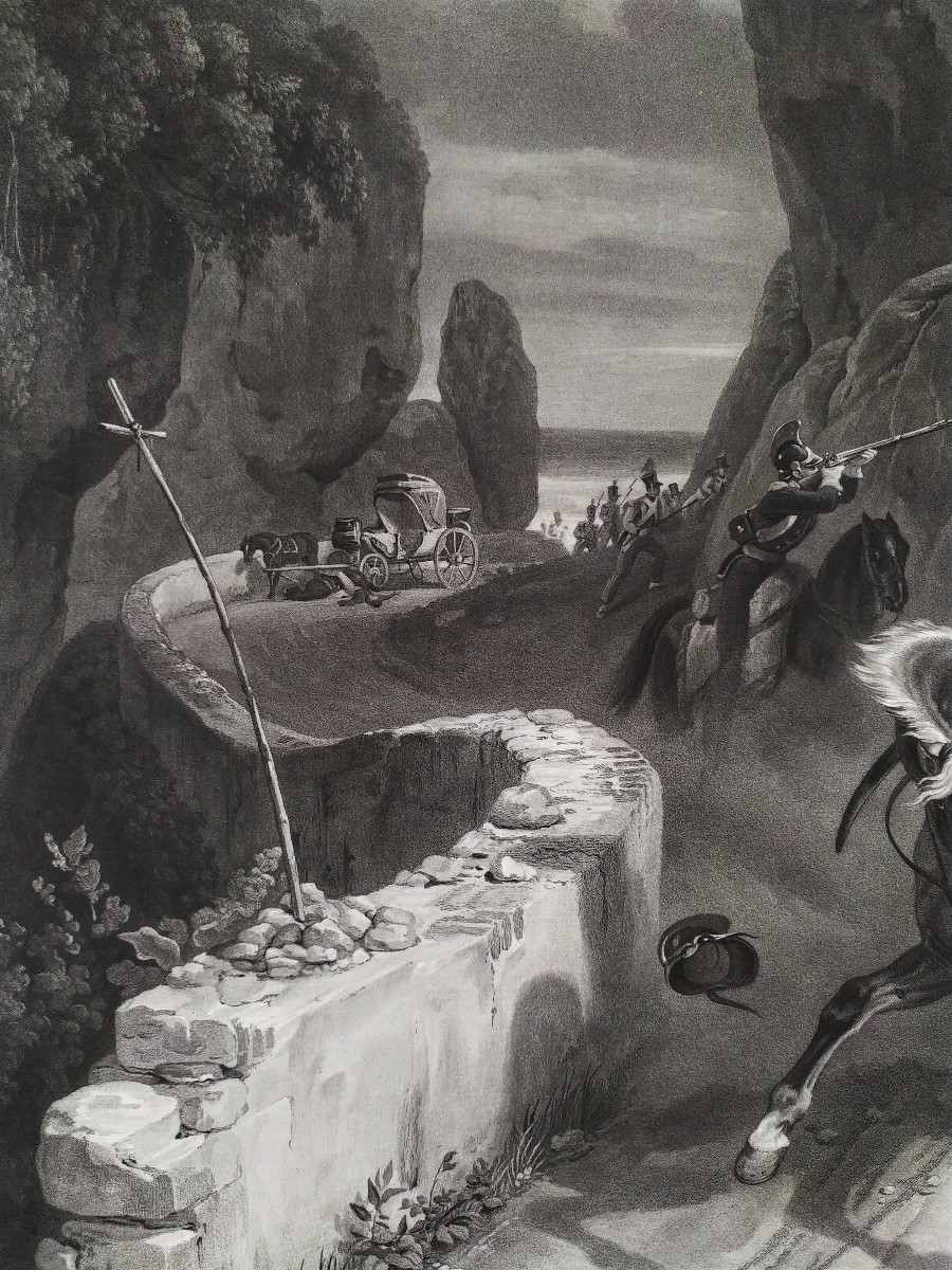 Gravure ancienne Combat entre des dragons du Pape et des brigands d'après Horace Vernet 19ème -photo-6