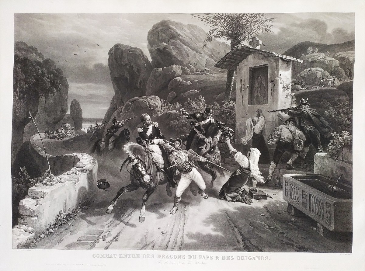 Gravure ancienne Combat entre des dragons du Pape et des brigands d'après Horace Vernet 19ème 