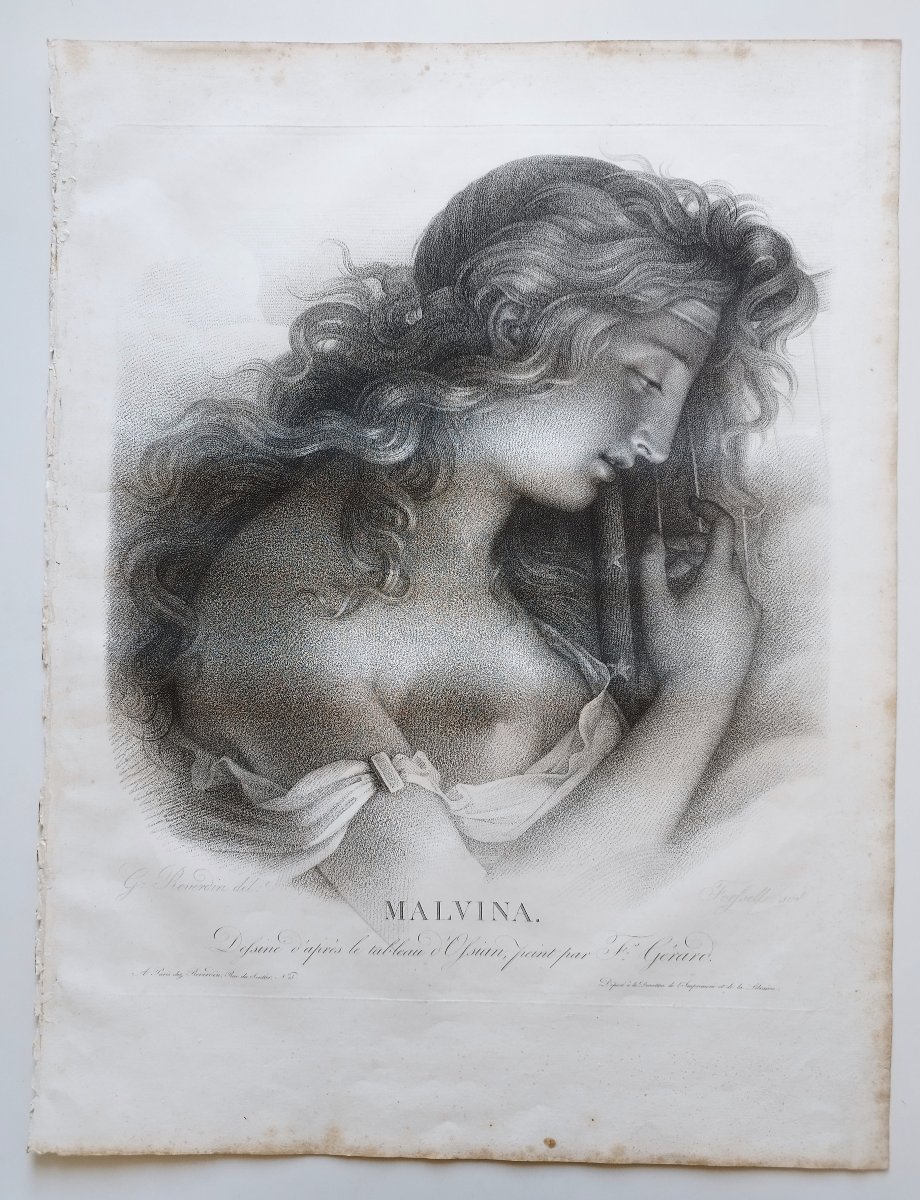 Antique Neoclassical Mythological Engraving Malvina After François Gérard, 19th C Old Print-photo-2