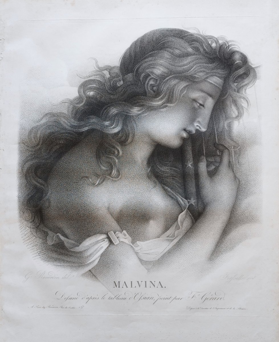Antique Neoclassical Mythological Engraving Malvina After François Gérard, 19th C Old Print-photo-3
