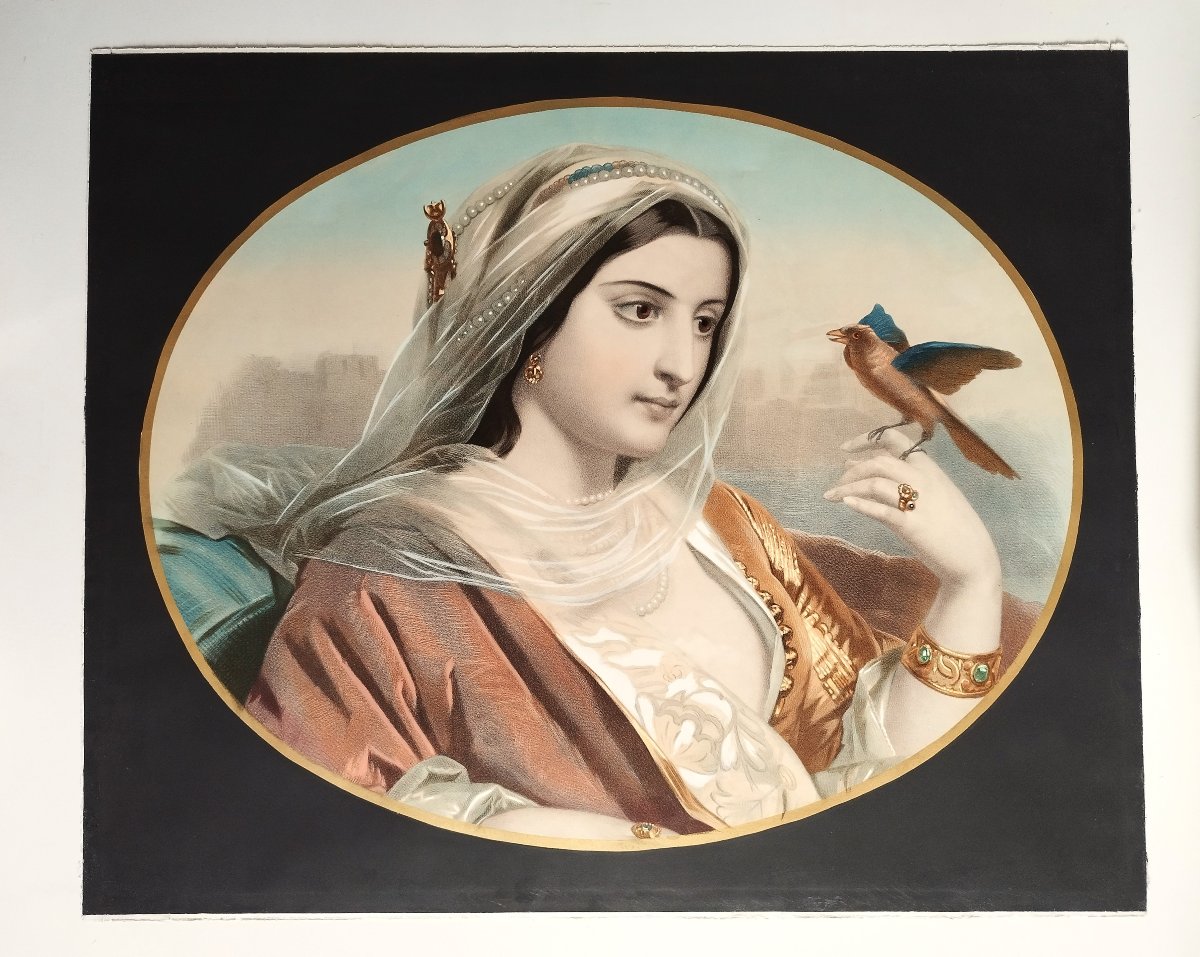 Oriental Woman With A Bird 19th Century Colored Lithograph Old Print-photo-2