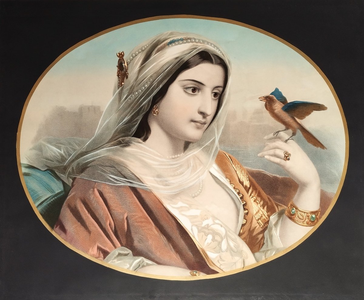 Oriental Woman With A Bird 19th Century Colored Lithograph Old Print-photo-3