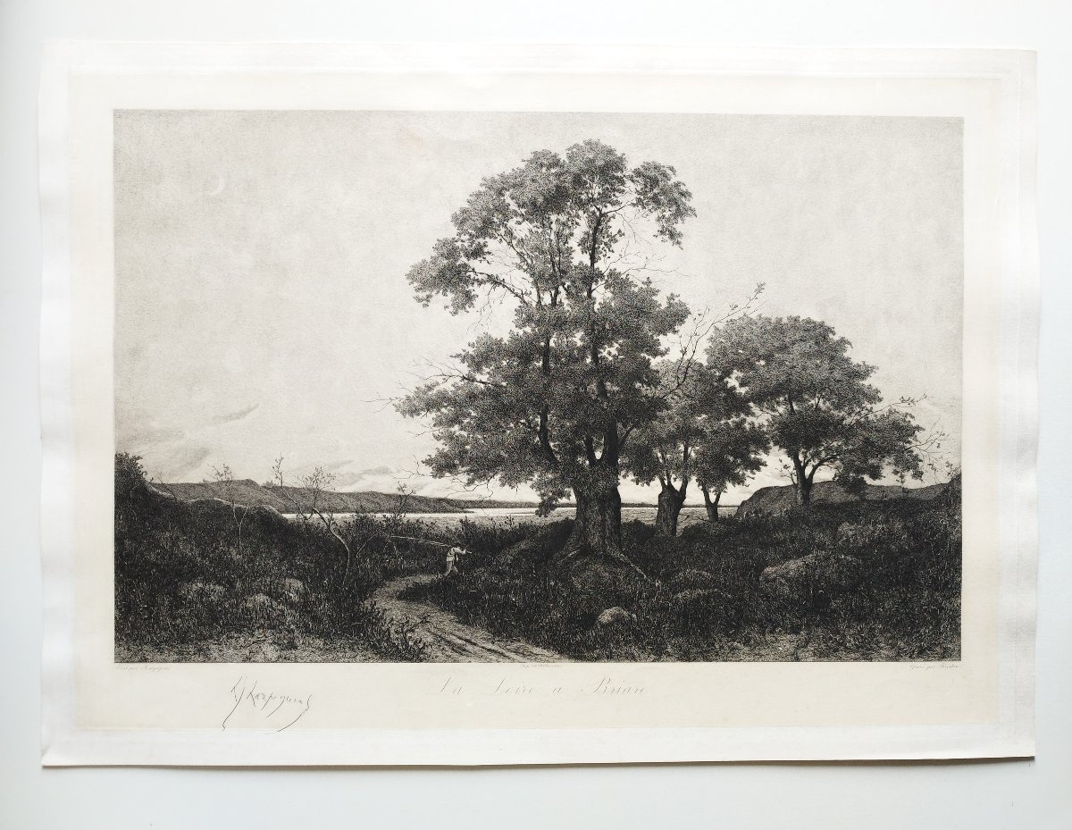  Etching After Harpignies, Landscape Of The Loire 19th C Engraving Old Print-photo-2