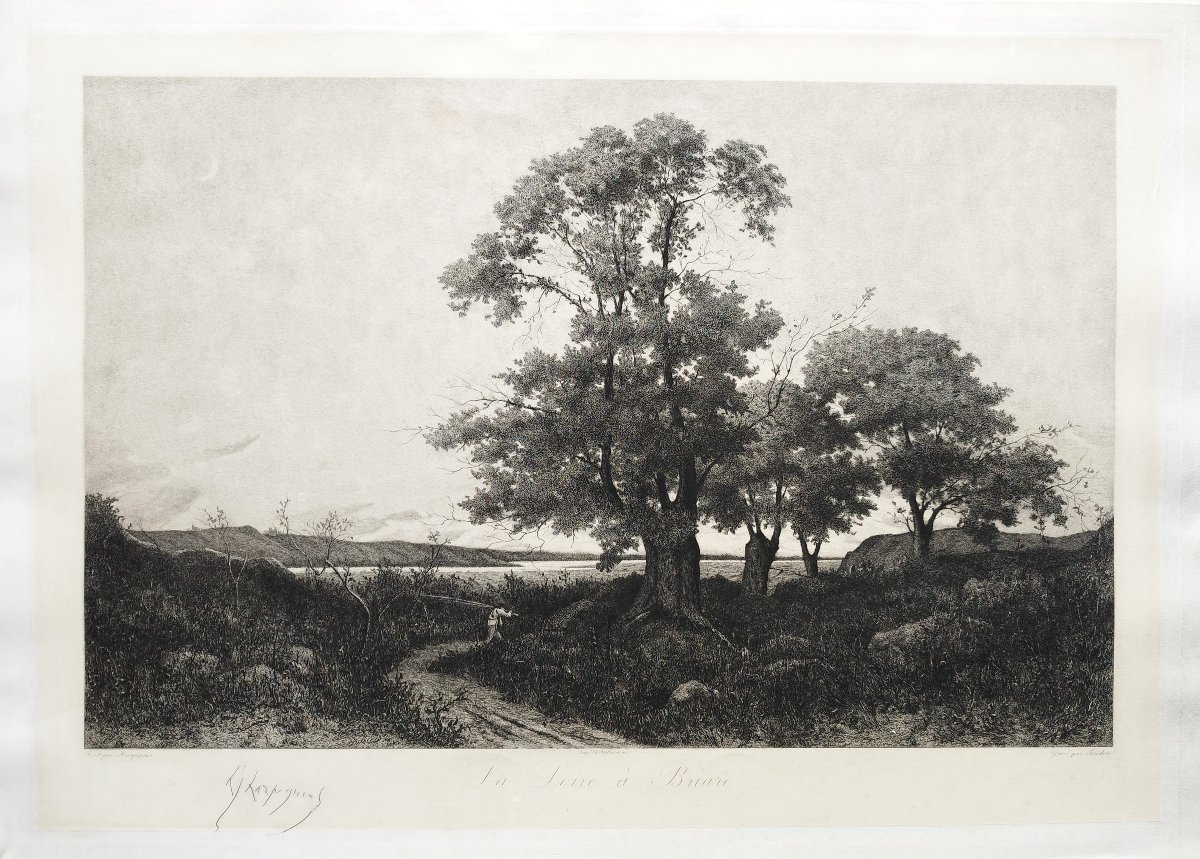  Etching After Harpignies, Landscape Of The Loire 19th C Engraving Old Print-photo-3
