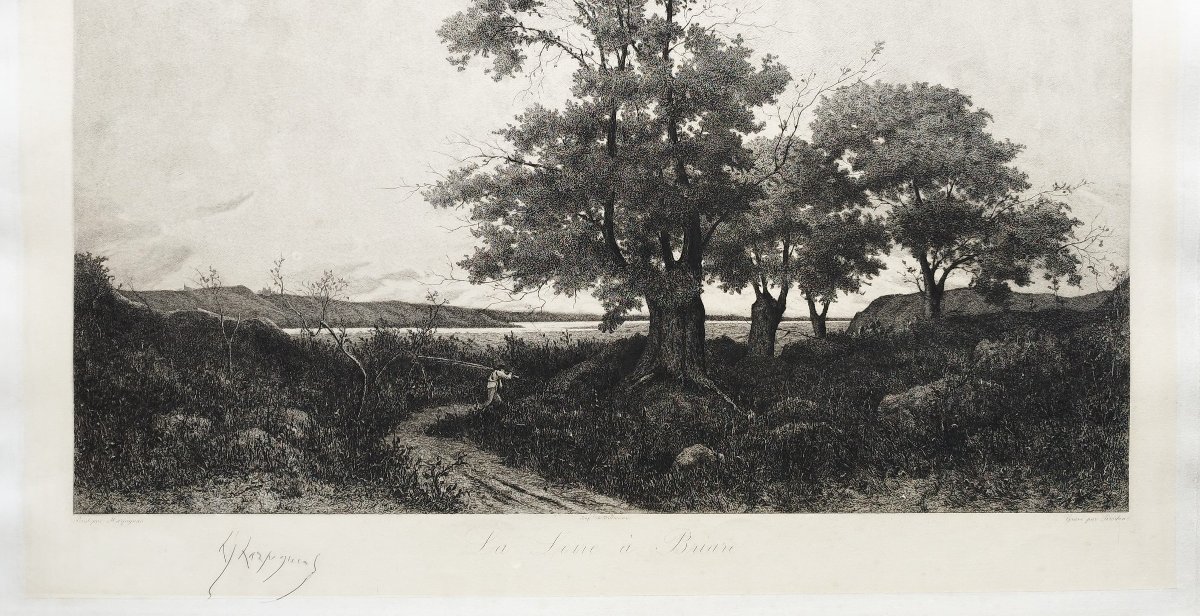  Etching After Harpignies, Landscape Of The Loire 19th C Engraving Old Print-photo-1