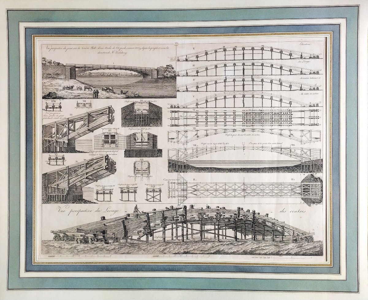 Gravure Ancienne Architecture Pont Sur La Rivière Rotte 19ème-photo-2