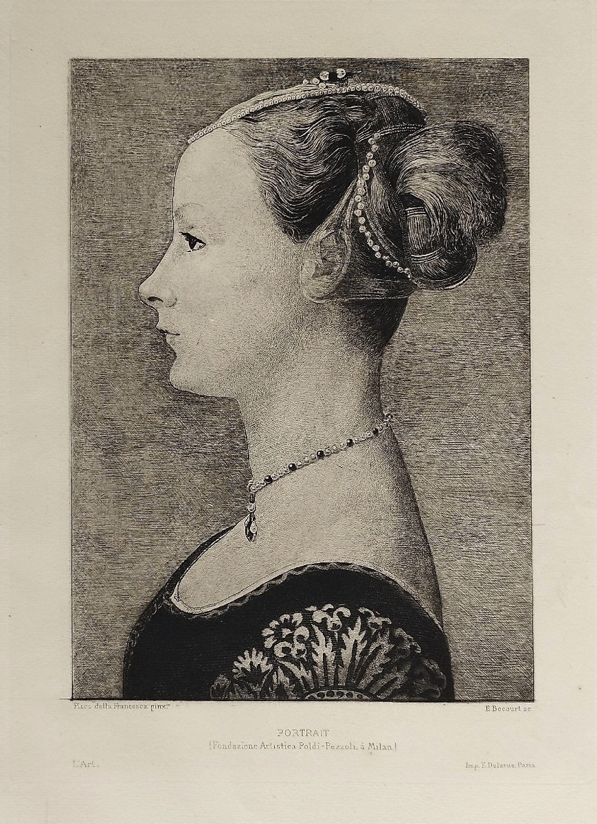 Portrait de femme de qualité eau-forte gravure  ancienne par Etienne Gabriel Bocourt