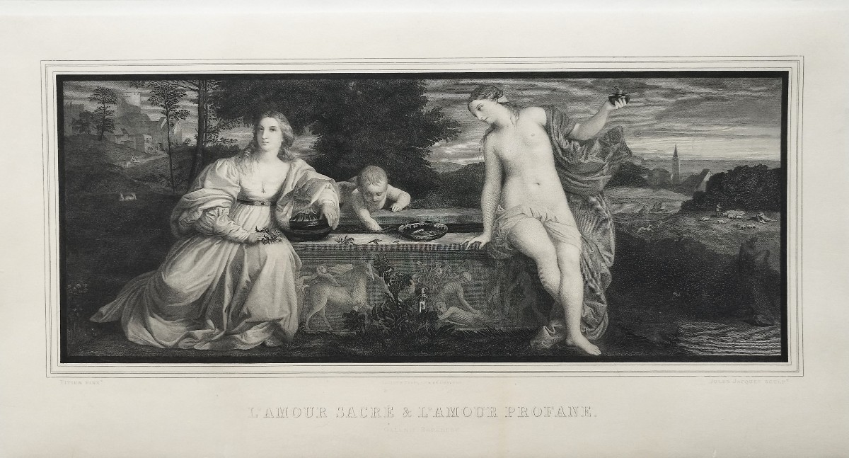 Gravure allegorique ancienne d'après Titien 19ème