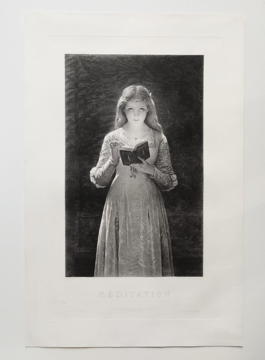 Engraving By Hermann Eichens Meditation  Etching Portrait Of A Lady After Cot 19th C Old Print-photo-2