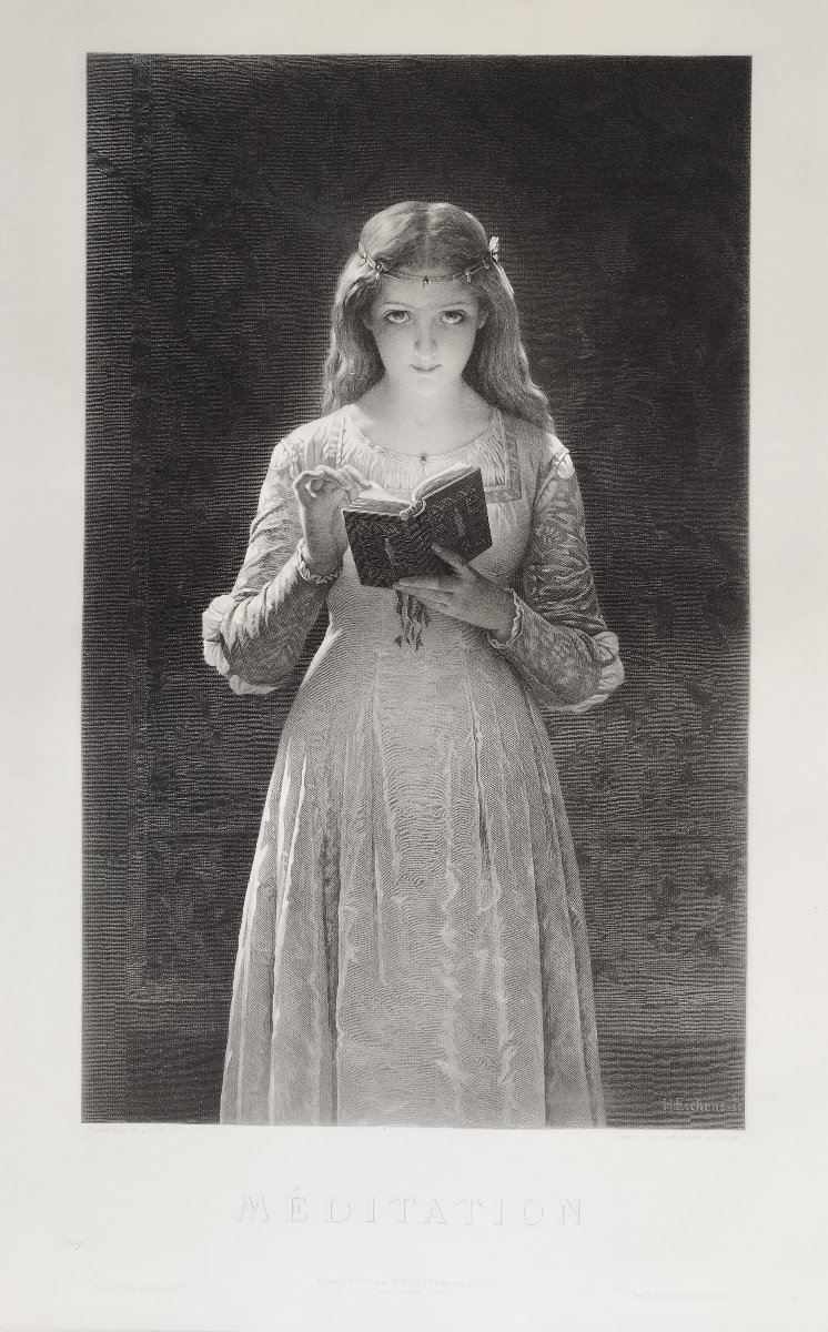 Engraving By Hermann Eichens Meditation  Etching Portrait Of A Lady After Cot 19th C Old Print-photo-3