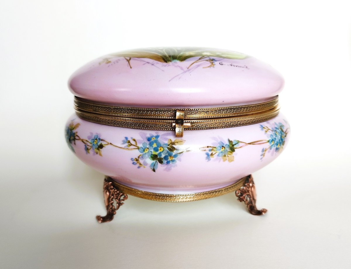 Grande boîte à bijoux ancienne bonbonnière en porcelaine peinte à la main signé-photo-2