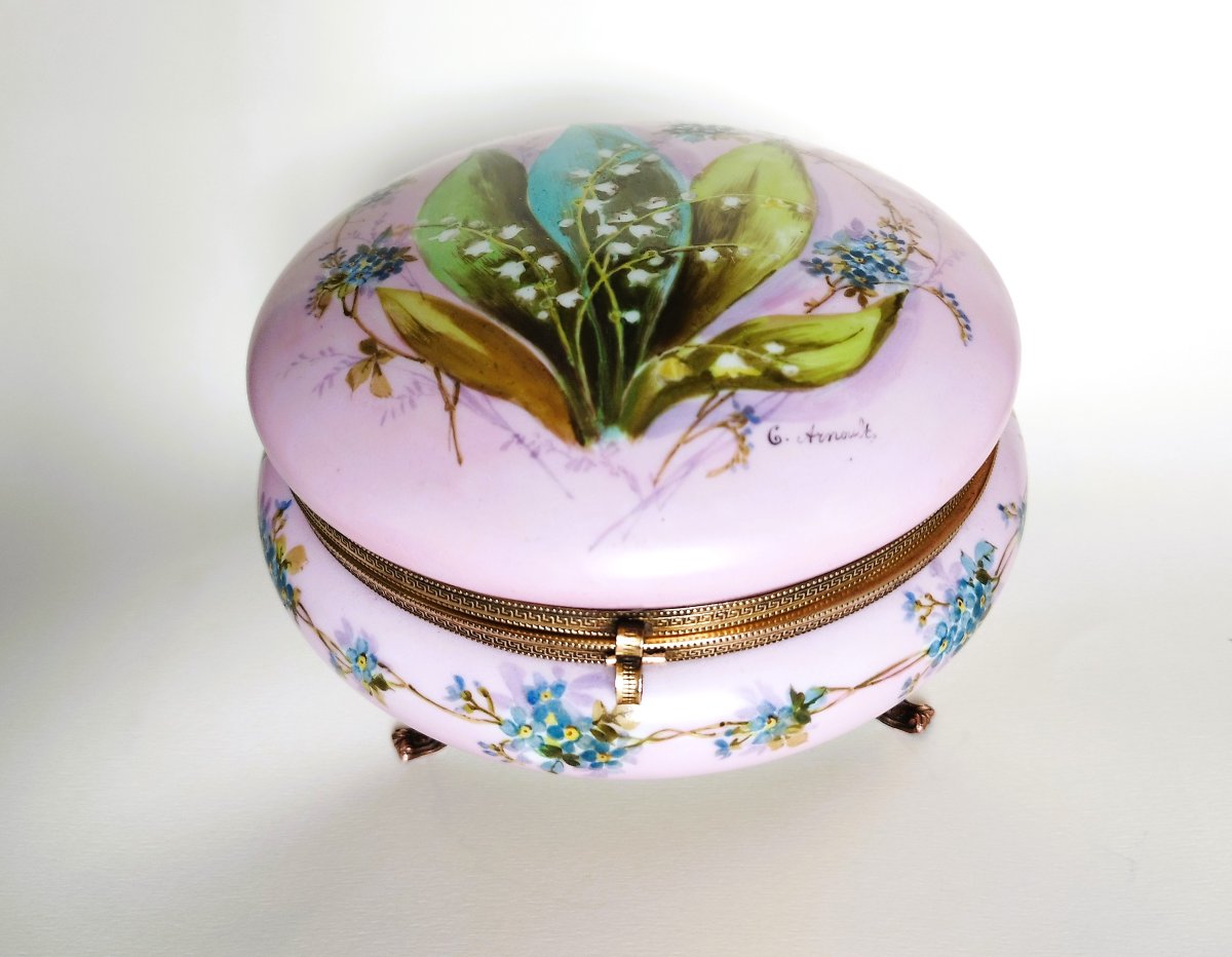 Grande boîte à bijoux ancienne bonbonnière en porcelaine peinte à la main signé-photo-3