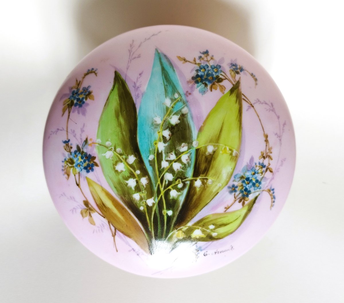 Grande boîte à bijoux ancienne bonbonnière en porcelaine peinte à la main signé-photo-4