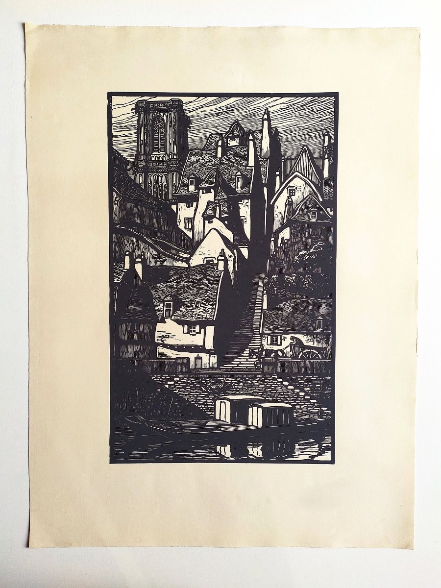 Nevers rue Casse-cou gravure sur bois par Fernand Chalandre 20ème-photo-2