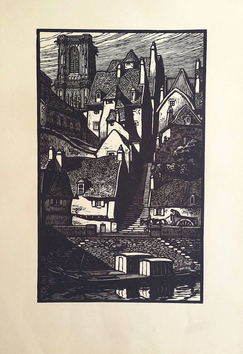 Nevers rue Casse-cou gravure sur bois par Fernand Chalandre 20ème-photo-3