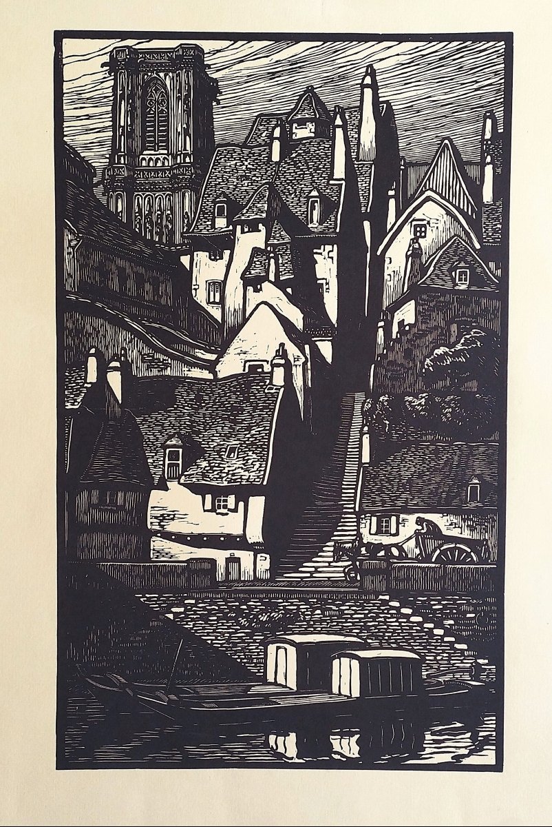 Nevers rue Casse-cou gravure sur bois par Fernand Chalandre 20ème-photo-4