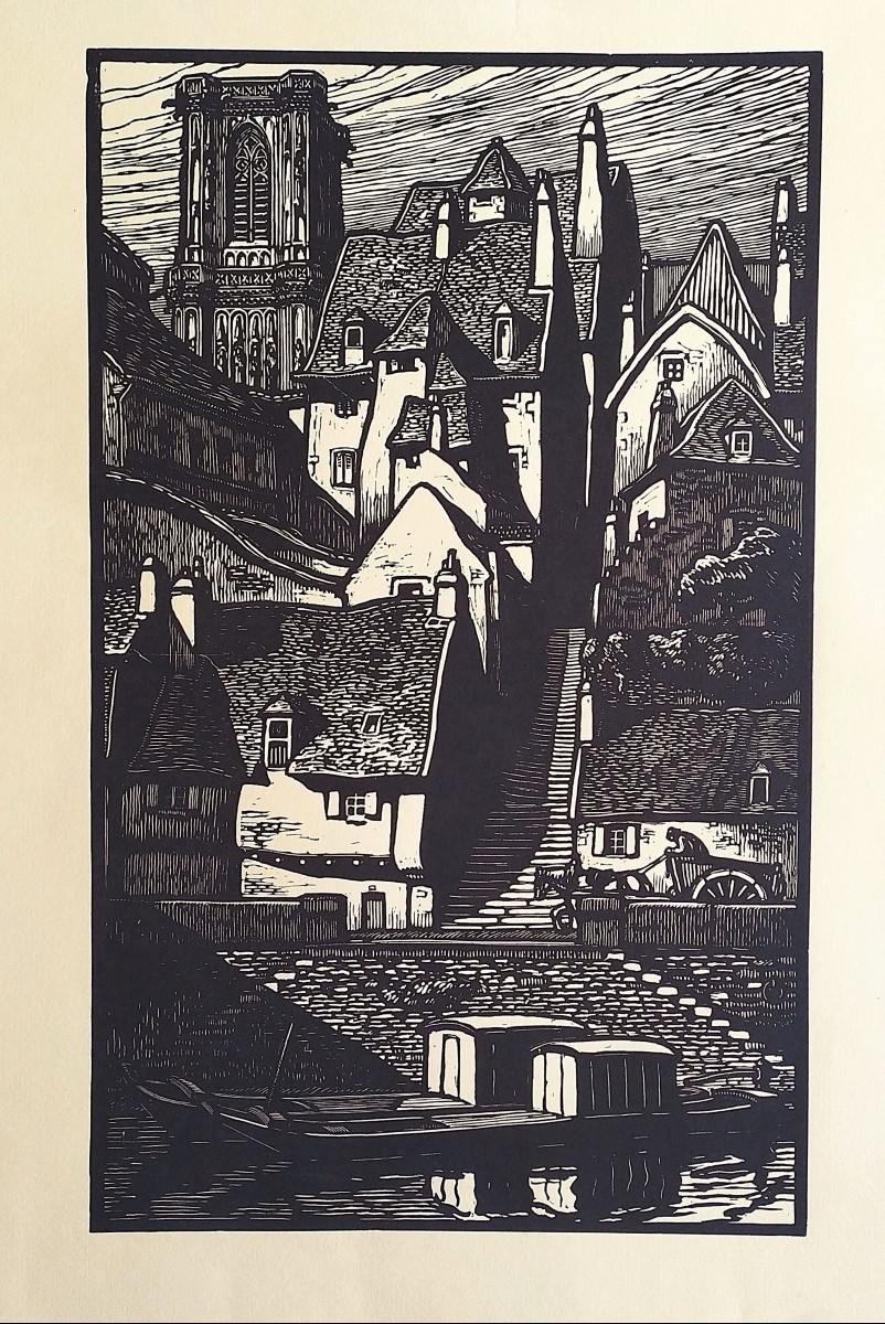 Nevers rue Casse-cou gravure sur bois par Fernand Chalandre 20ème