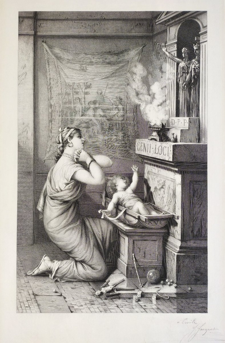 Roman Scene Of Maternity, Pair Of Etching  By Jules Jacquet, 19th C Engraving Old Print-photo-2