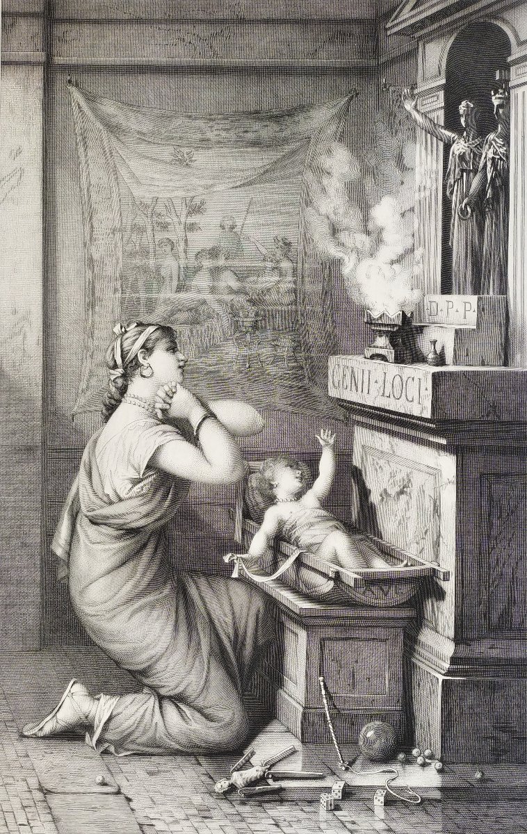Roman Scene Of Maternity, Pair Of Etching  By Jules Jacquet, 19th C Engraving Old Print-photo-3