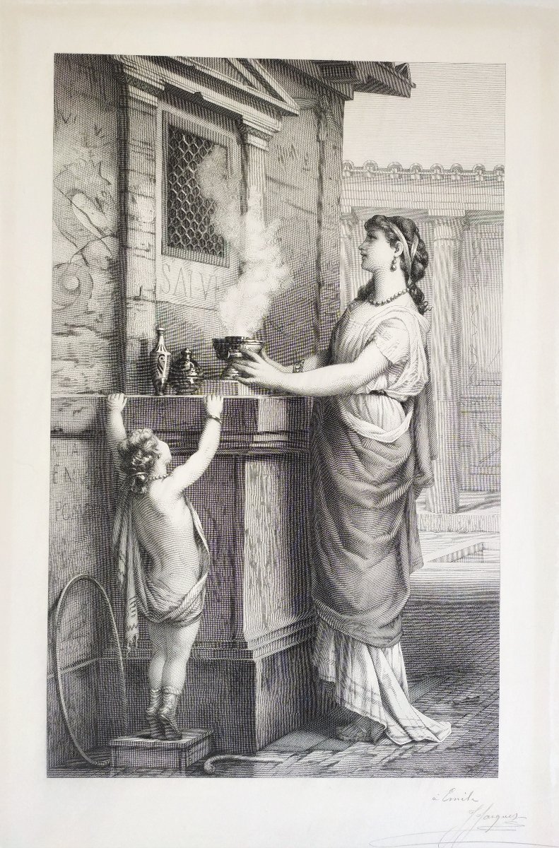 Roman Scene Of Maternity, Pair Of Etching  By Jules Jacquet, 19th C Engraving Old Print-photo-1