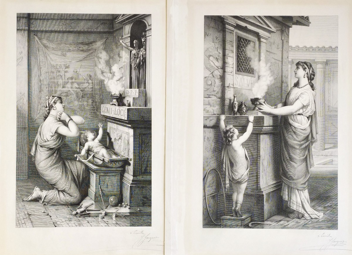 Roman Scene Of Maternity, Pair Of Etching  By Jules Jacquet, 19th C Engraving Old Print