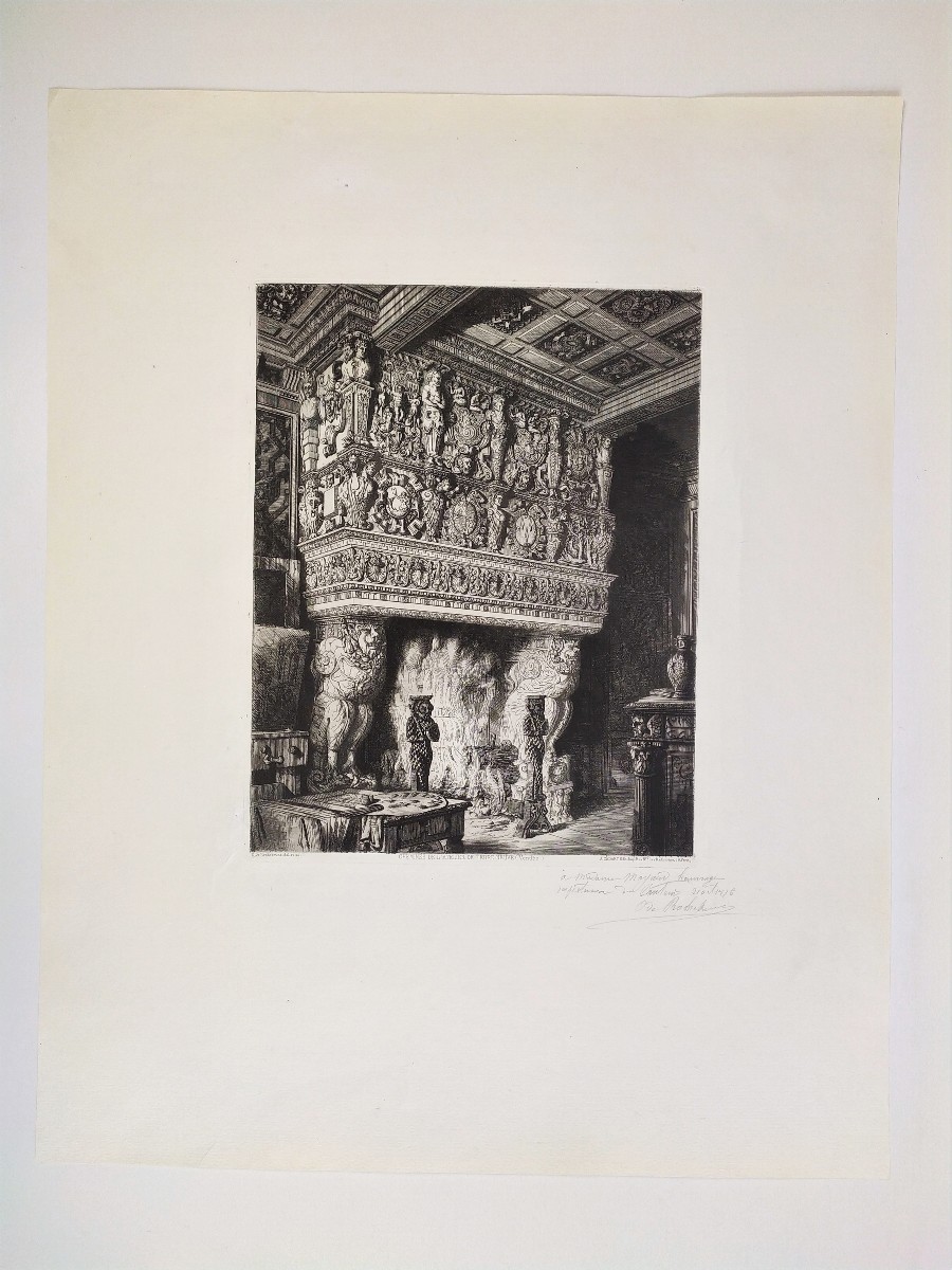 Eau-forte Par Octave De Rochebrune Cheminée au Château de Terre-Neuve Gravure Architecture XIX-photo-2