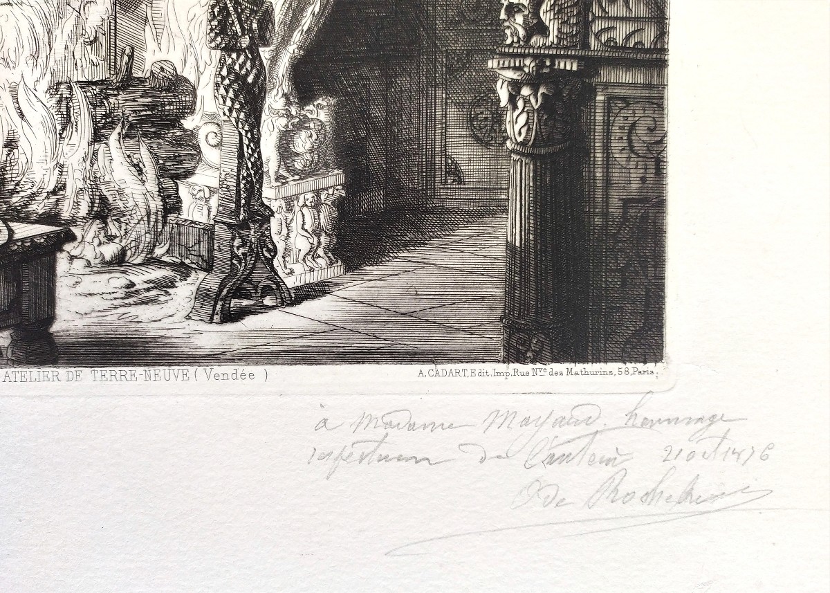 Eau-forte Par Octave De Rochebrune Cheminée au Château de Terre-Neuve Gravure Architecture XIX-photo-4