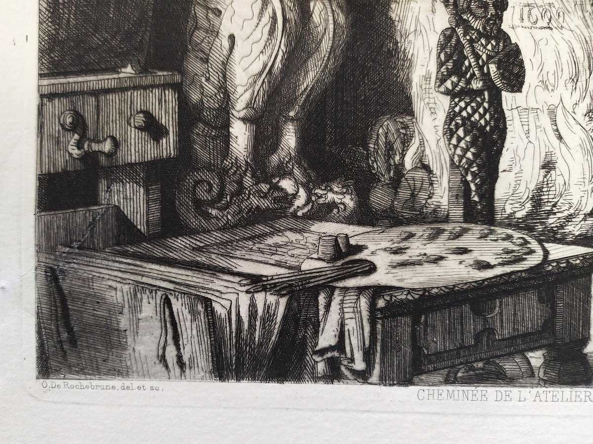 Eau-forte Par Octave De Rochebrune Cheminée au Château de Terre-Neuve Gravure Architecture XIX-photo-1