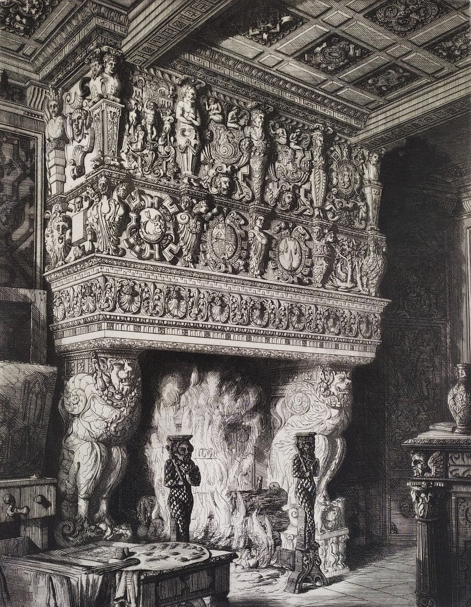Eau-forte Par Octave De Rochebrune Cheminée au Château de Terre-Neuve Gravure Architecture XIX-photo-2
