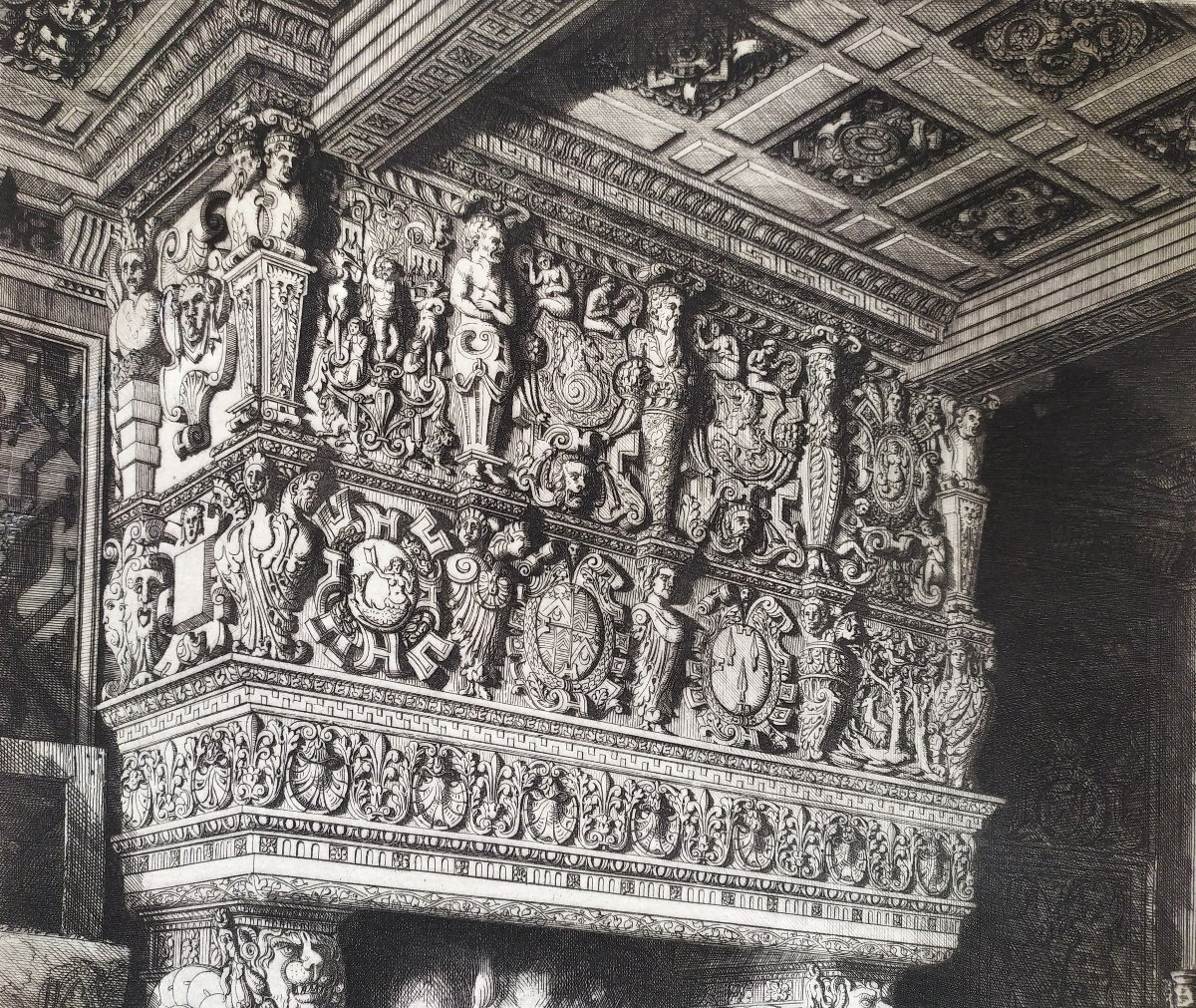 Eau-forte Par Octave De Rochebrune Cheminée au Château de Terre-Neuve Gravure Architecture XIX-photo-3