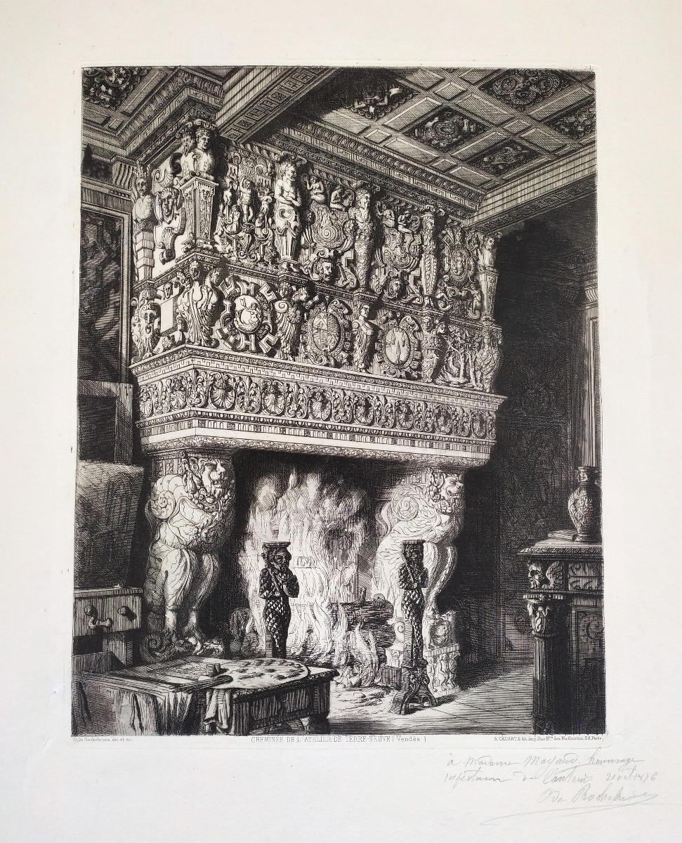 Eau-forte Par Octave De Rochebrune Cheminée au Château de Terre-Neuve Gravure Architecture XIX