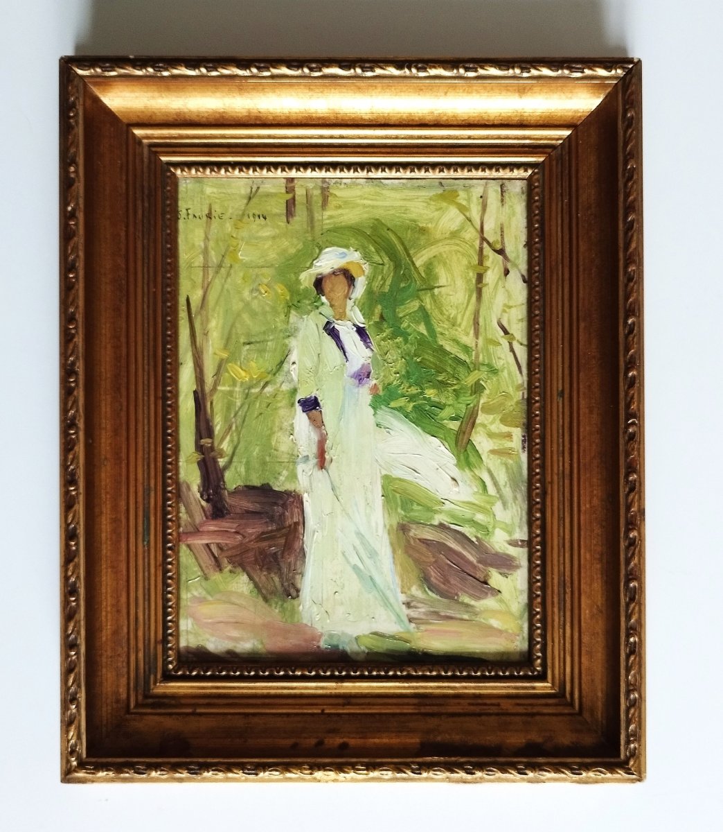 Huile sur panneau Elégante à l'ombrelle par Jean Syndon Faurie  daté 1914-photo-2