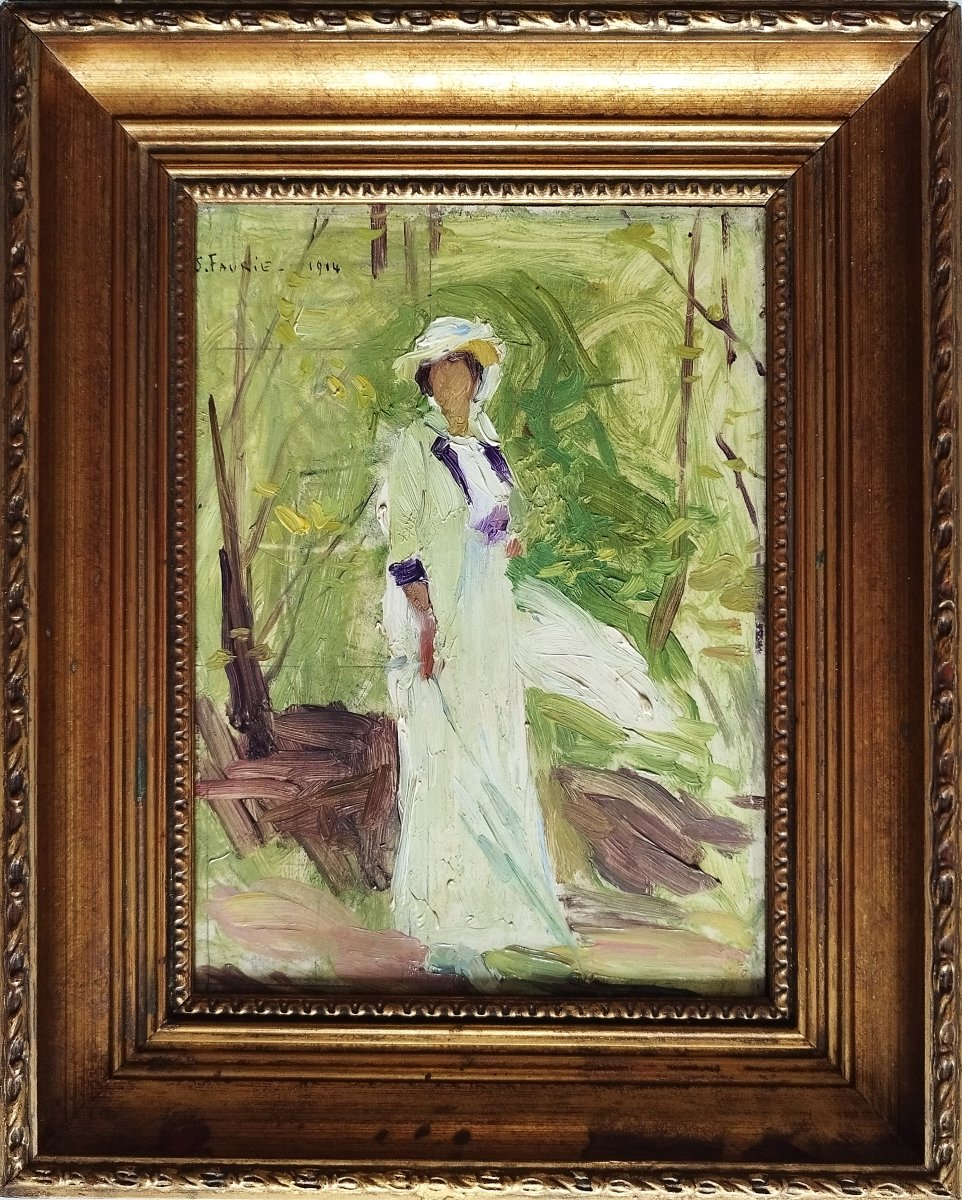 Huile sur panneau Elégante à l'ombrelle par Jean Syndon Faurie  daté 1914-photo-3