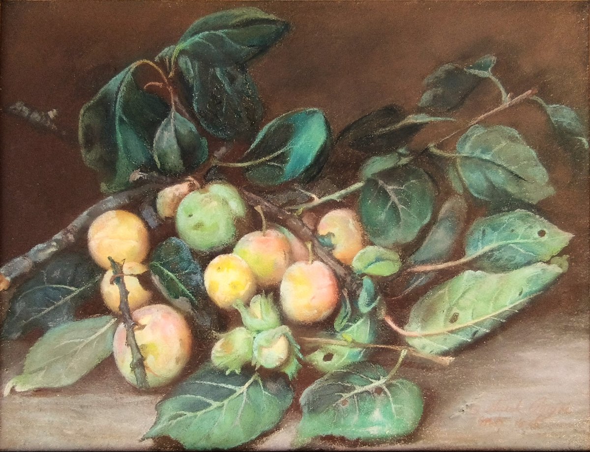 Marie Octavie Paigné Nature morte aux prunes pastel  19ème Ecole de Metz-photo-2