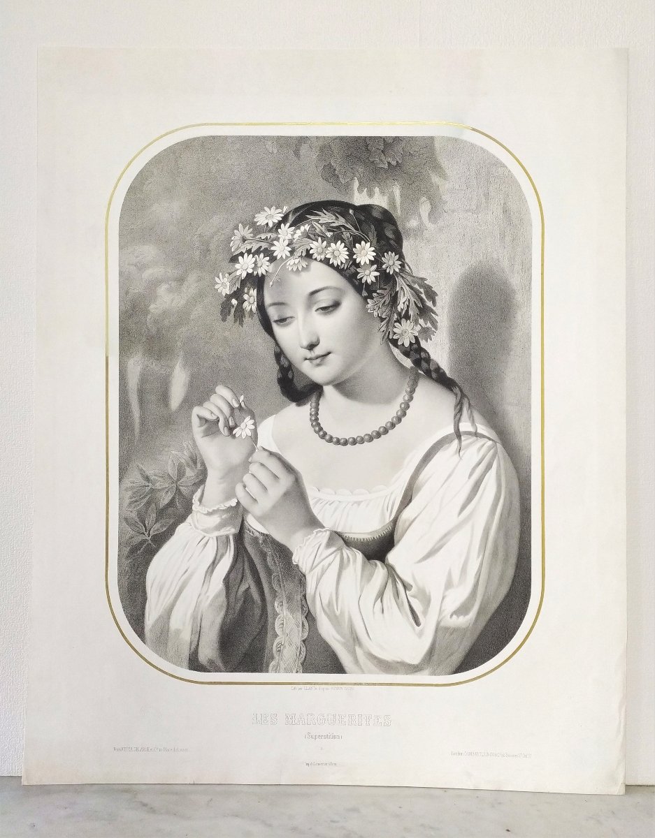 Lithograph The Daisies Or Superstition After Romain Cazes 19th C Old Print-photo-2