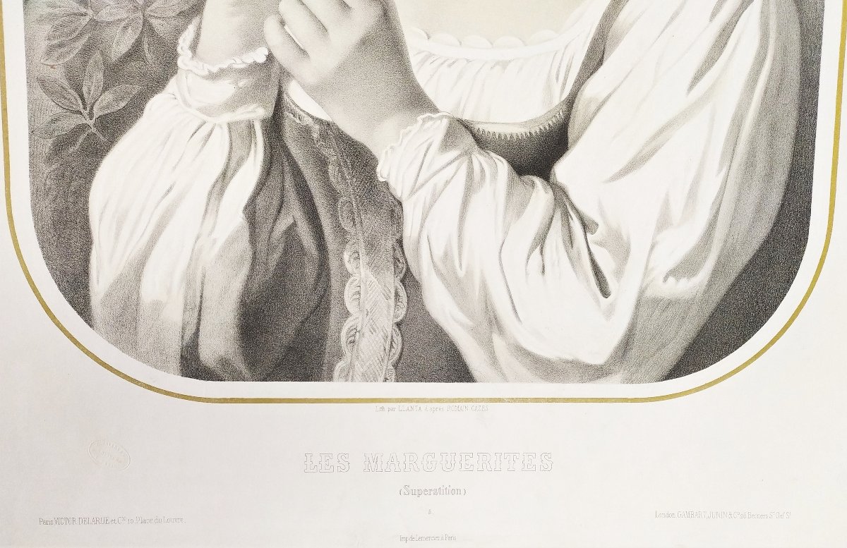 Lithograph The Daisies Or Superstition After Romain Cazes 19th C Old Print-photo-2